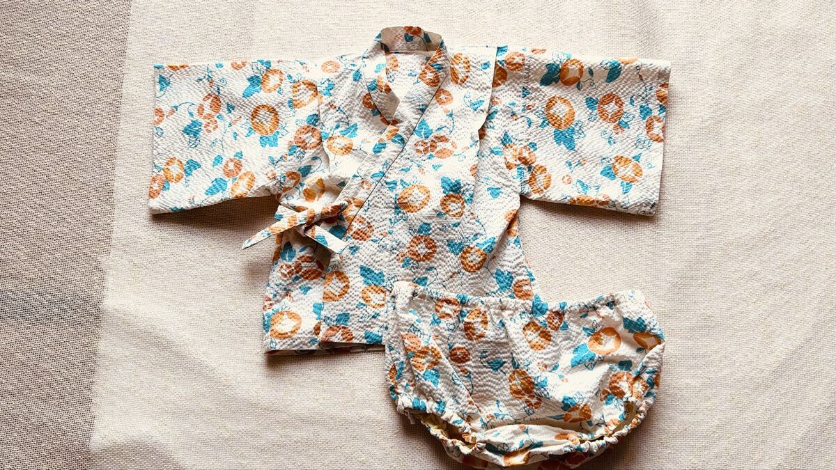未着用 ベビー 甚平 パンツセット クリーム地 オレンジ朝顔花もよう ハンドメイド拍卖