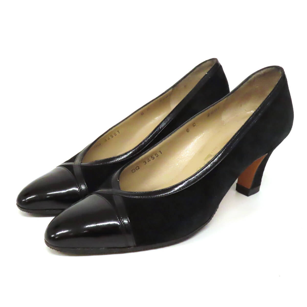 OD26002 Salvatore Ferragamo フェラガモ キャップトゥ パンプス スエード×エナメル レザー 革 ミドルヒール シューズ 23.5 黒 イタリア製拍卖