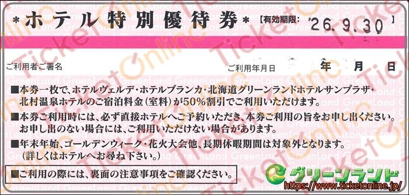グリーンランドリゾートホテルペア宿泊50%OFF 1枚 2026年9月末拍卖