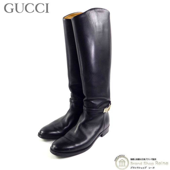 グッチ (GUCCI) レザー ロングブーツ ベルト金具バックル 靴 シューズ 146893 #36C ブラック(中古)拍卖