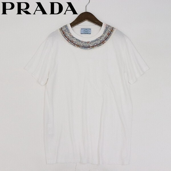 【FB599】◆PRADA プラダ ダメージ加工 刺繍×ビジュー装飾 半袖 Tシャツ 白 ホワイト L拍卖