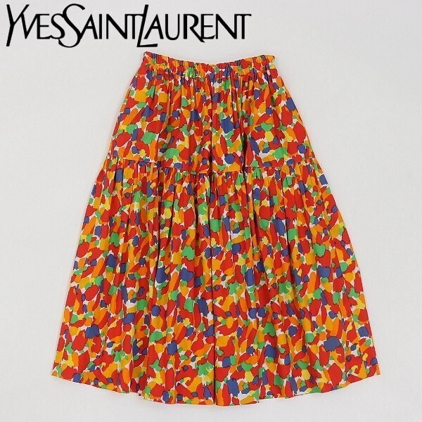 【FB27】ヴィンテージ◆Yves Saint Laurent イヴサンローラン オーストラリア製生地 総柄 ギャザー フレア スカート M拍卖