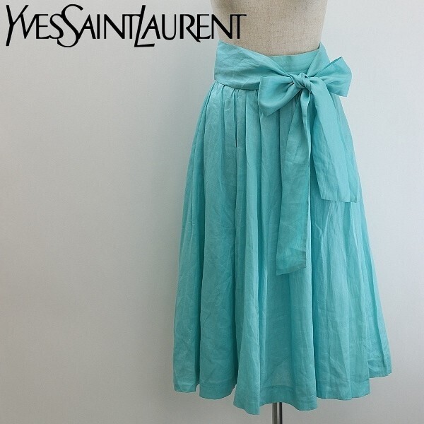 【FB275】ヴィンテージ◆Yves Saint Laurent イヴ サンローラン リネン100% ウエストリボン ギャザー フレア スカート 水色 S拍卖