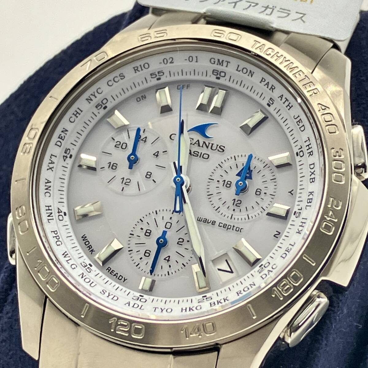 1円スタート【タグ付き】カシオ オシアナス OCW-600 電波ソーラー チタン クロノグラフ サファイア ワールドタイム タキメーター シルバー 拍卖