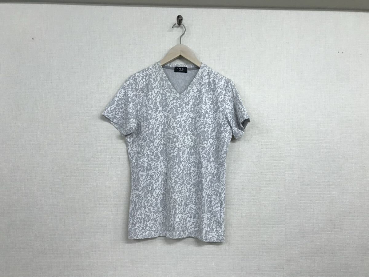 本物エポカウォモEPOCAUOMOコットンポリVネック柄ニット半袖Tシャツメンズサーフアメカジビジネススーツモード48白ホワイト日本製L拍卖