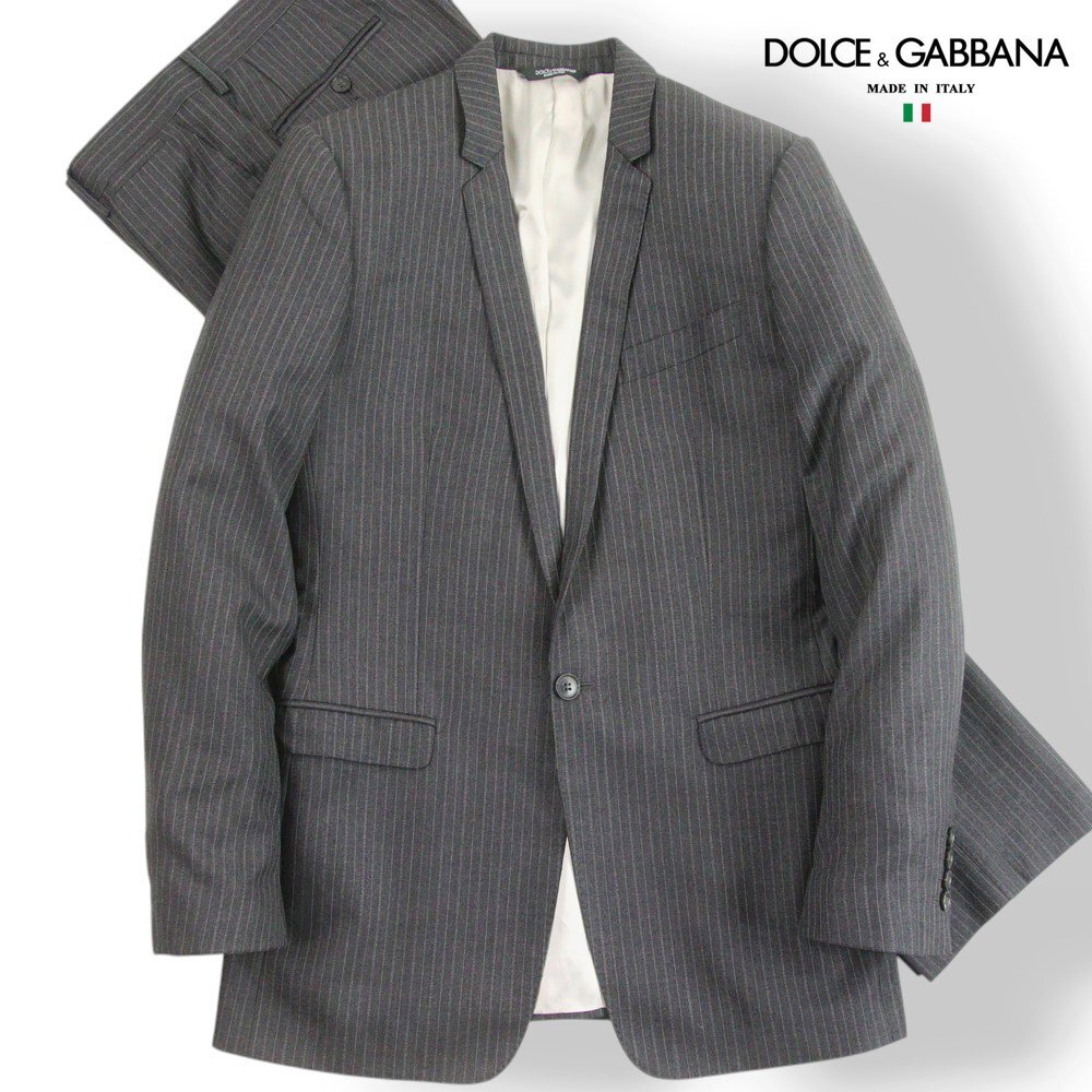 美品 イタリア製 ドルチェ&ガッバーナ カシミヤ混 秋冬春 3シーズン 1つボタン シングルスーツ グレー ストライプ 46【参考価格¥352,000-拍卖