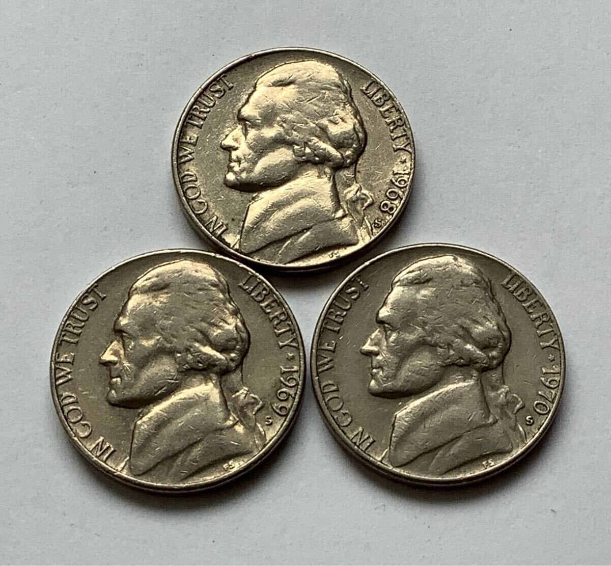 【希少品セール】アメリカ 5セント硬貨 1968年 1969年 1970年 ミントマークS 年号違い各1枚ずつ 3枚まとめて拍卖