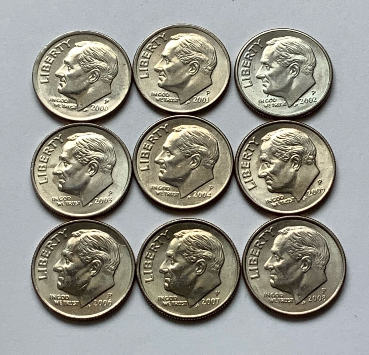 【希少品セール】アメリカ 10セント硬貨 2000年〜2008年 ミントマークP 年号違い 各1枚ずつ 9枚まとめて拍卖