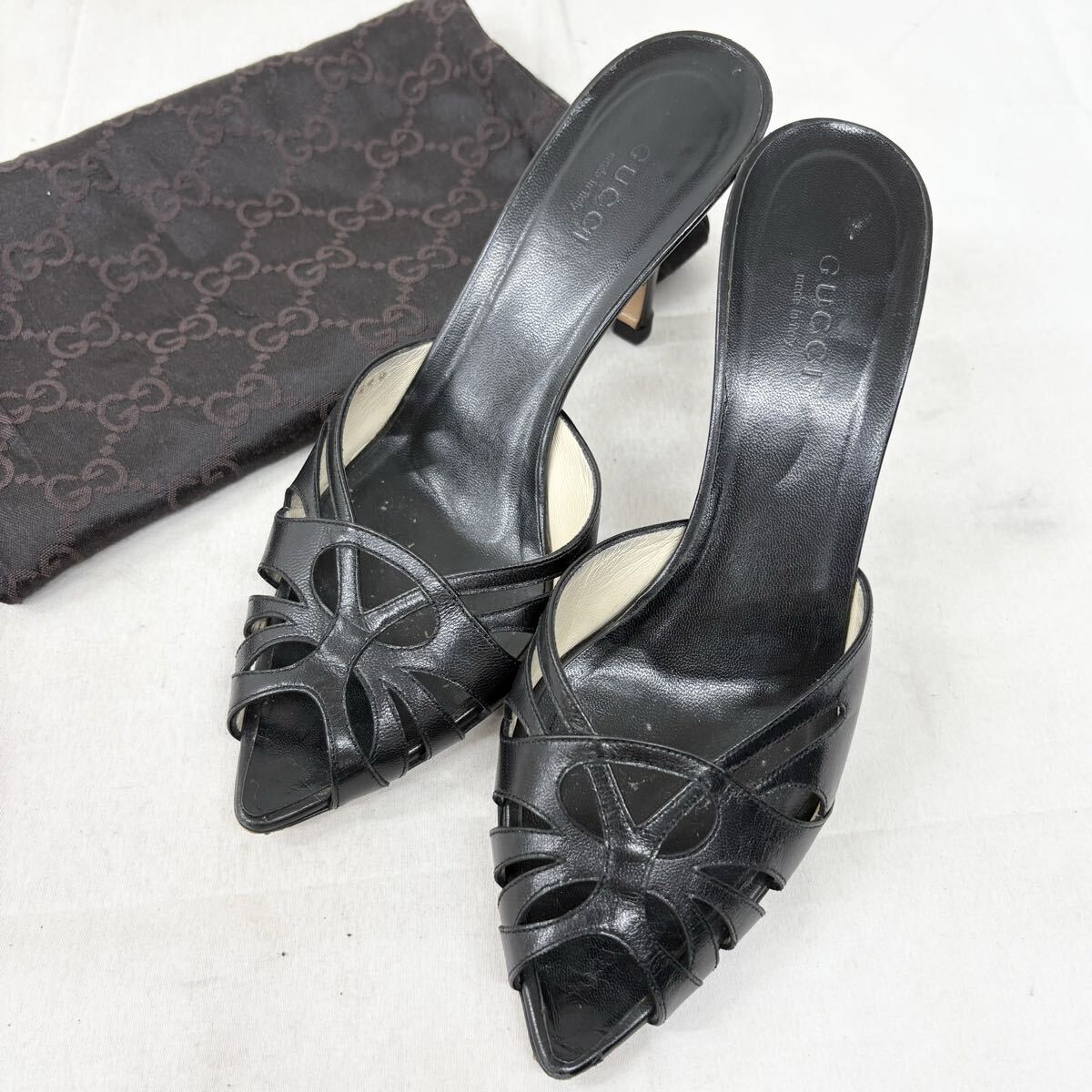 M64△ 保護袋付き GUCCI グッチ ミュール レディース サイズ36C ブラック 黒 オープントゥ サンダル ヒール シューズ 春夏 靴拍卖