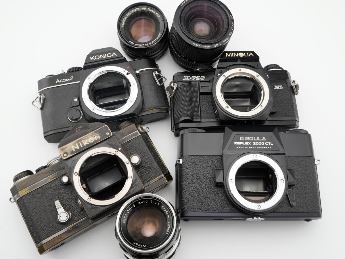 1円~ フィルム一眼レフ4台 レンズ3本 ジャンクまとめて NIKON F アイレベル ブラック ミノルタ X-700 REGULA REFLEX 2000 CTL コニカ Acom拍卖