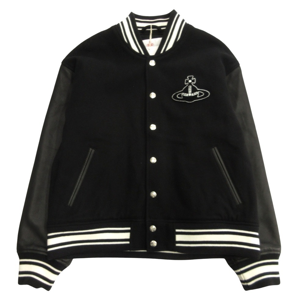 未使用 Vivienne Westwood MAN ヴィヴィアンウエストウッドマン オーブ スタジャン バーシティ ジャケット 袖レザー 46 黒 ブラック拍卖