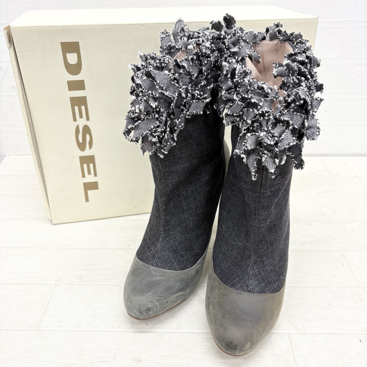 1895〓 箱付き DIESEL ディーゼル ショートブーツ レディース サイズ38 ブラック ダークカーキ 一部デニム生地 ハイヒール 靴 シューズ拍卖