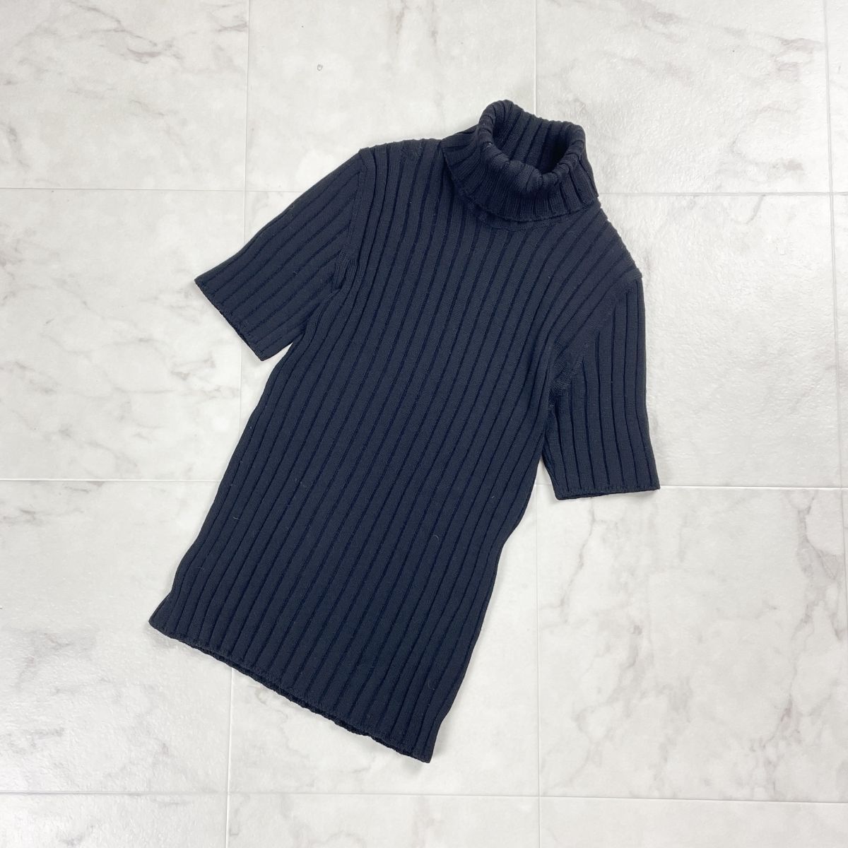 美品 BURBERRY LONDON バーバリーロンドン タートルネックリブニットセーター 半袖 レディース 黒 ブラック サイズ2*KD98拍卖