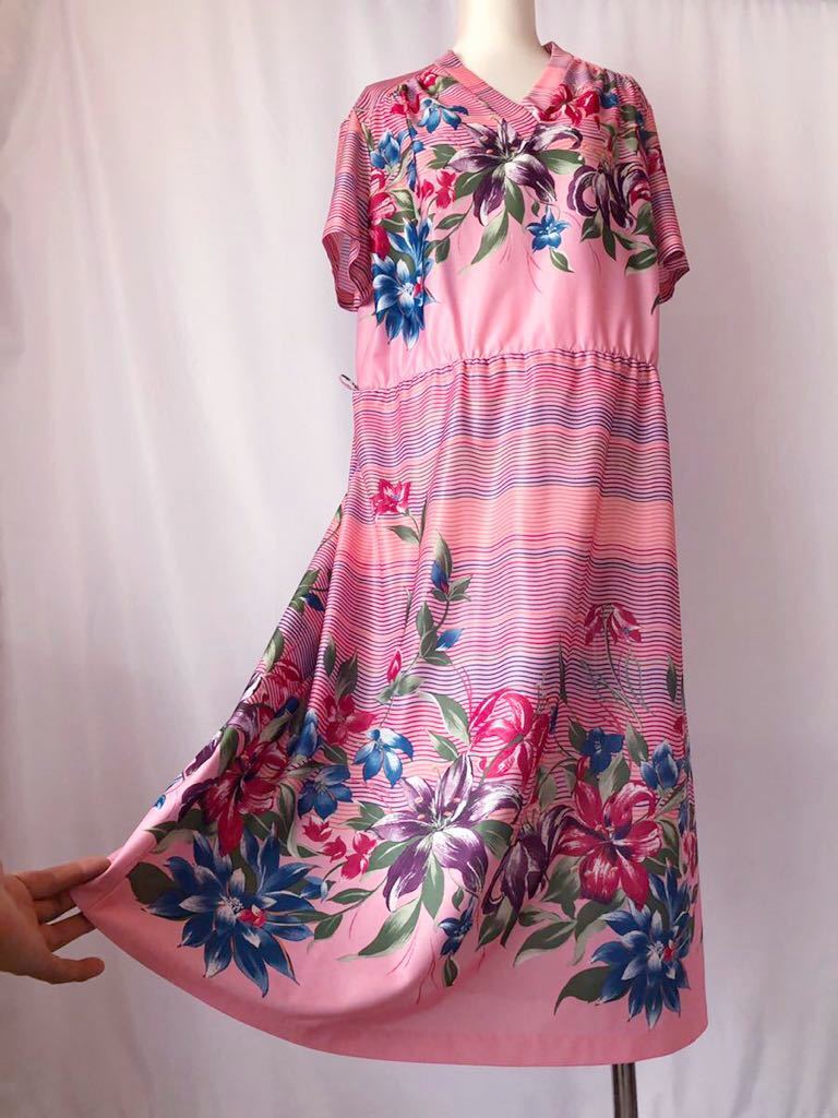 USAアメリカンヴィンテージMs.chaire New York半袖花柄ワンピースM-L相当♪ピンク系拍卖