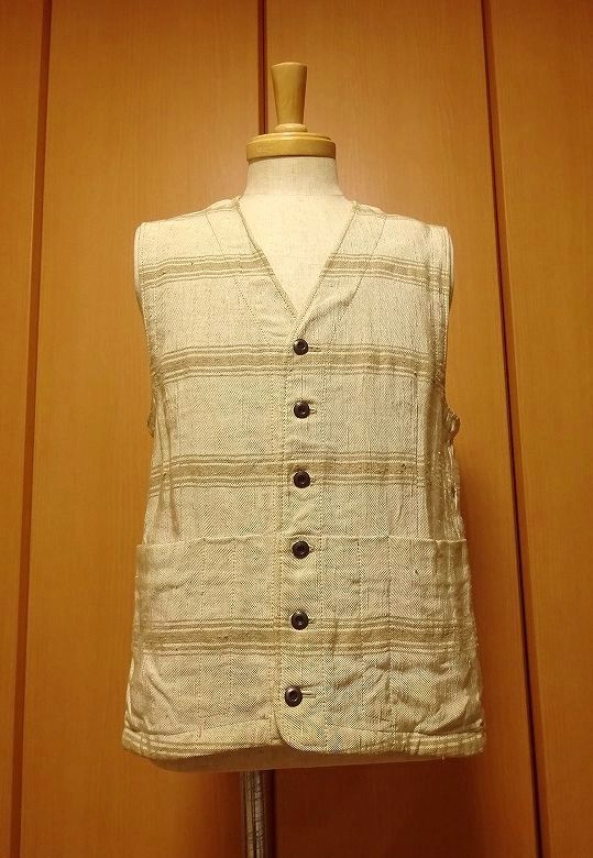 mean ミーン 麻100% 6ボタン ボーダー ベスト 日本製 (3) ベージュ×カーキ拍卖