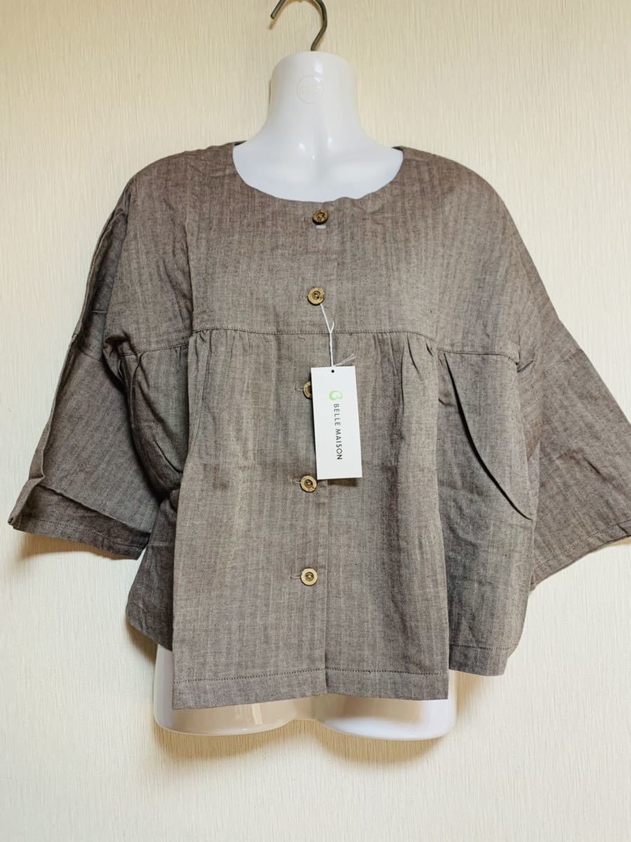 【ベルメゾン】【新品タグ付き】7分袖ヘリンボーンスモックブラウス♪~L~千趣会拍卖
