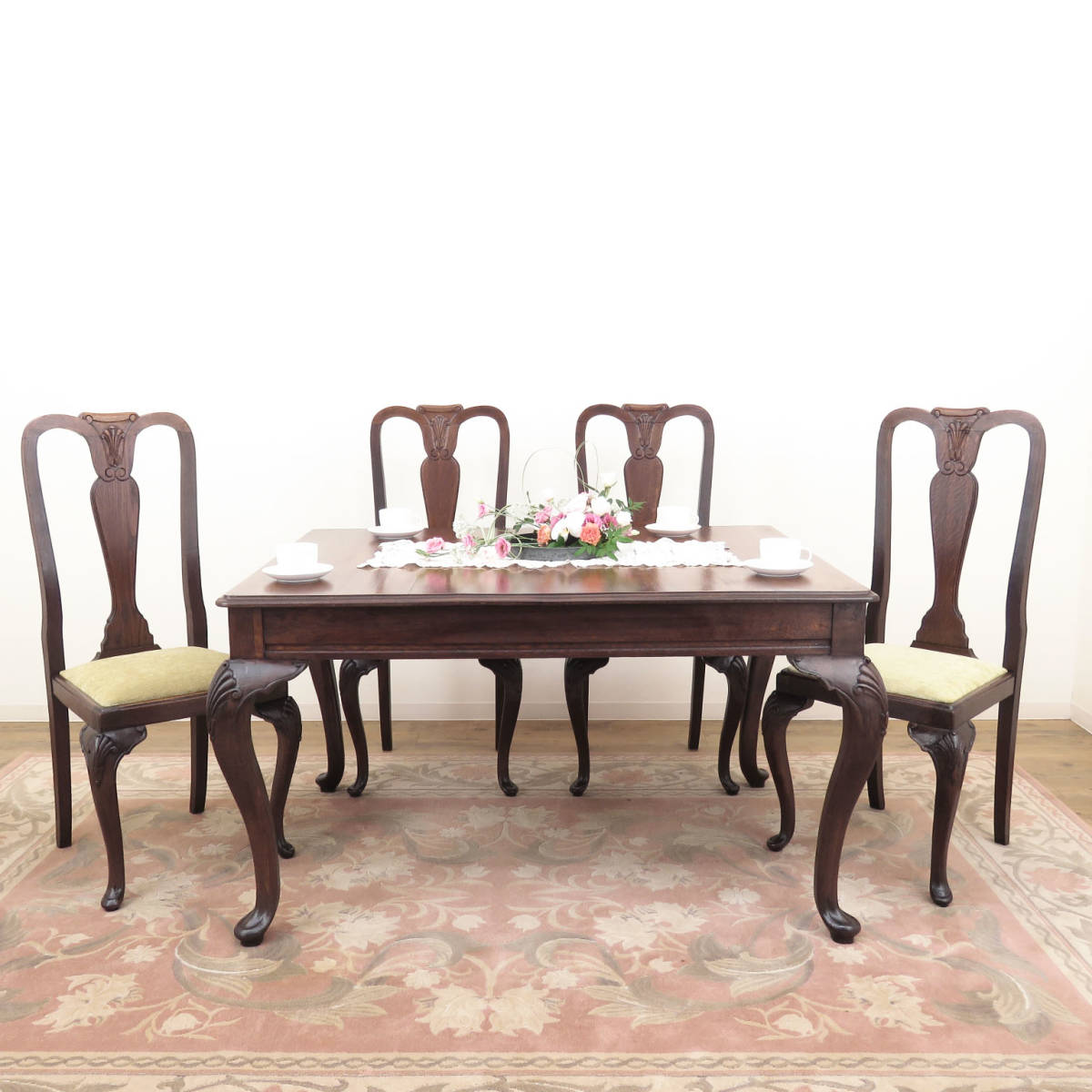 《アウトレット》ネコ脚のダイニングセット(ダイニングテーブル+椅子4脚)/フランスのアンティーク家具/木製/店舗什器/インテリア/AL-2187拍卖