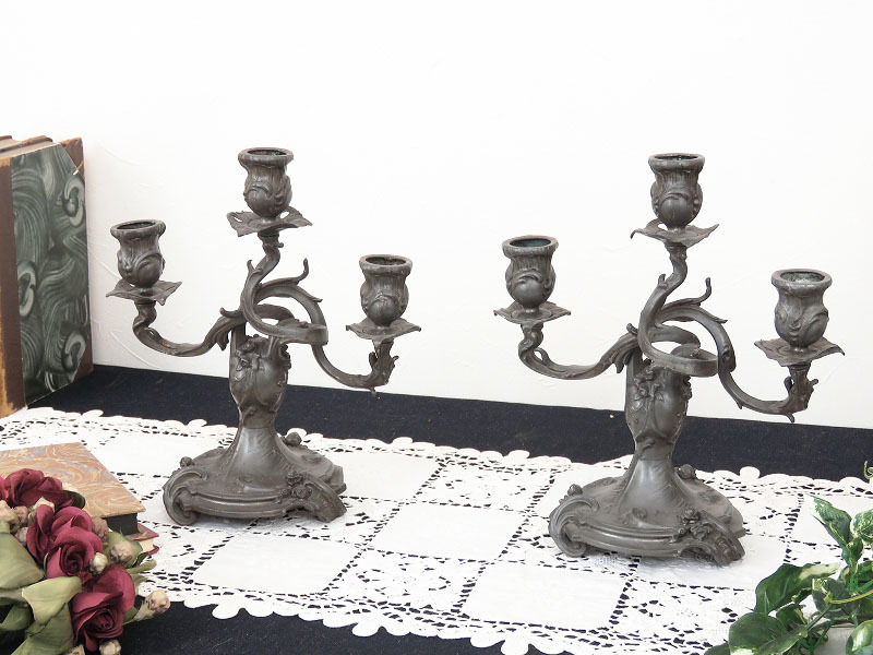 アールヌーヴォースタイルのキャンドルスタンド (ペア) /燭台/ろうそく立て/店舗什器/インテリア ベルギーのアンティーク雑貨 AL-0955拍卖