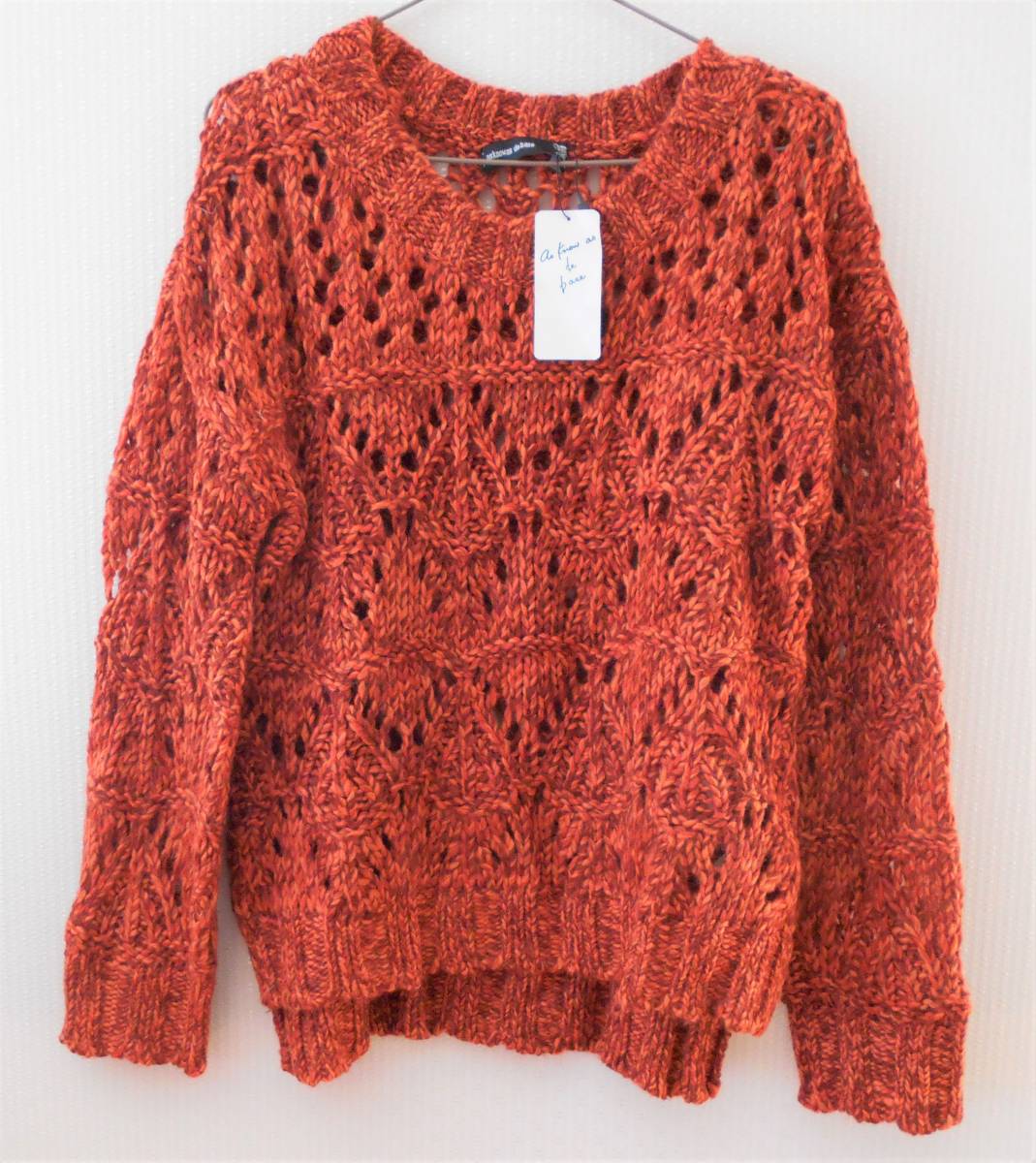 【新品】60%オフ AS KNOW AS レディース 透かし編みマゼプルオーバー フリーサイズ ニット オレンジ 定価9800円拍卖