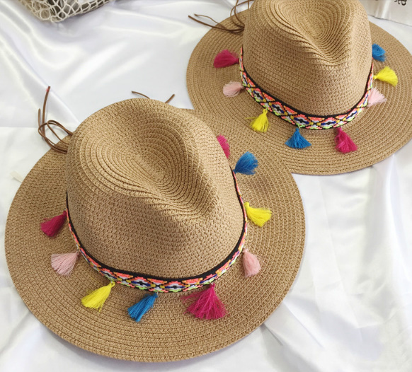 x272 女性 ビーチ 夏の帽子 ワイドつば 色 タッセルチェーン サンハット (サイズ 56㎝~58㎝)拍卖