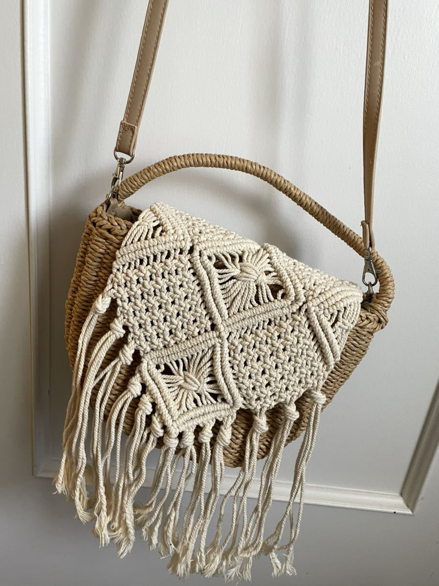 カゴバッグ ショルダーバッグ 2way 肩掛けバッグ マクラメ編み かごバッグ 編み上げ 編みバッグ拍卖