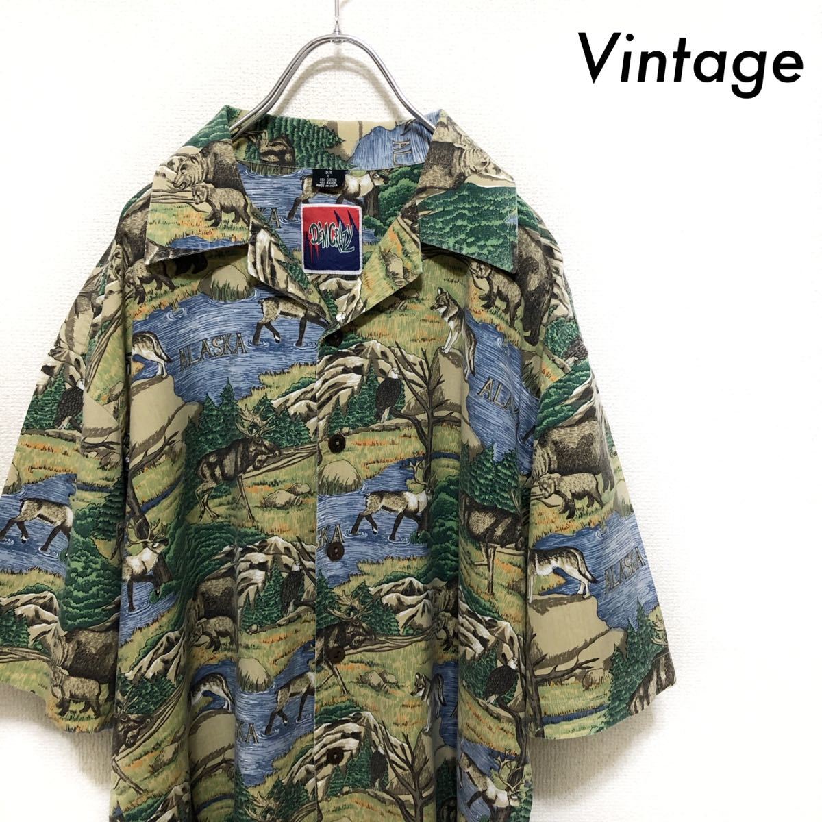 【送料無料】古着 ヴィンテージ アラスカ アニマルプリント 半袖シャツ 開襟 個性派 派手 古着男子拍卖