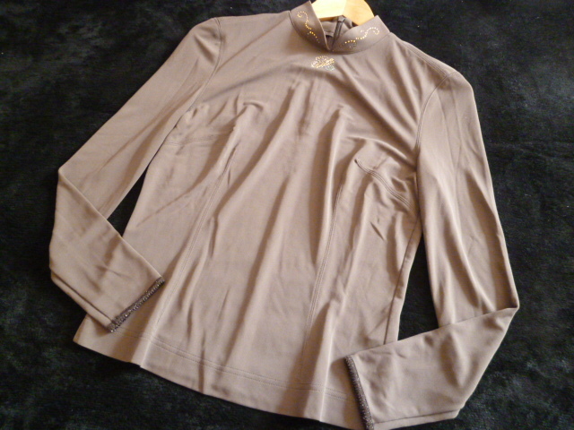 伊太利屋/イタリヤ△茶ストーンロゴ付き変形とろみ素材カットソー7/長袖トップスブラウン系マダムミセス△T416拍卖