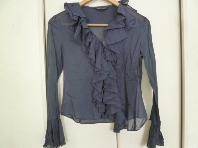 BUONA GIORNATA/ボナジョルナータ△青紺系センターフリル襟薄手カーディガン透けジャケットS/ベル袖ブルーネイビーフォーマル△T416拍卖