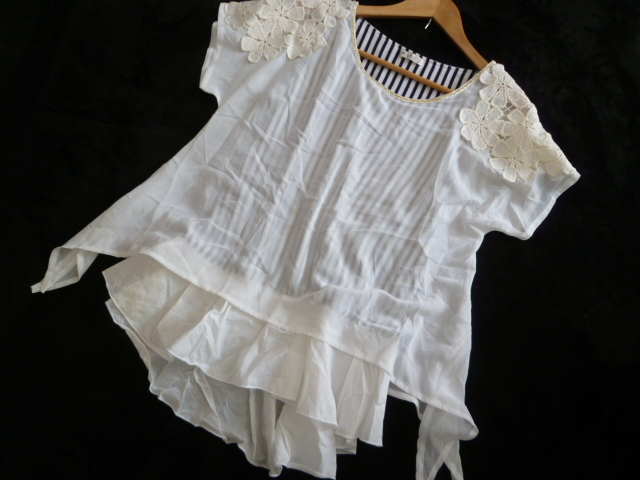 axes femme/アクシーズファム△白大花柄レースシフォン透けストライプレイヤードデザインアシンメトリーカットソーM/ホワイト姫系△T415拍卖