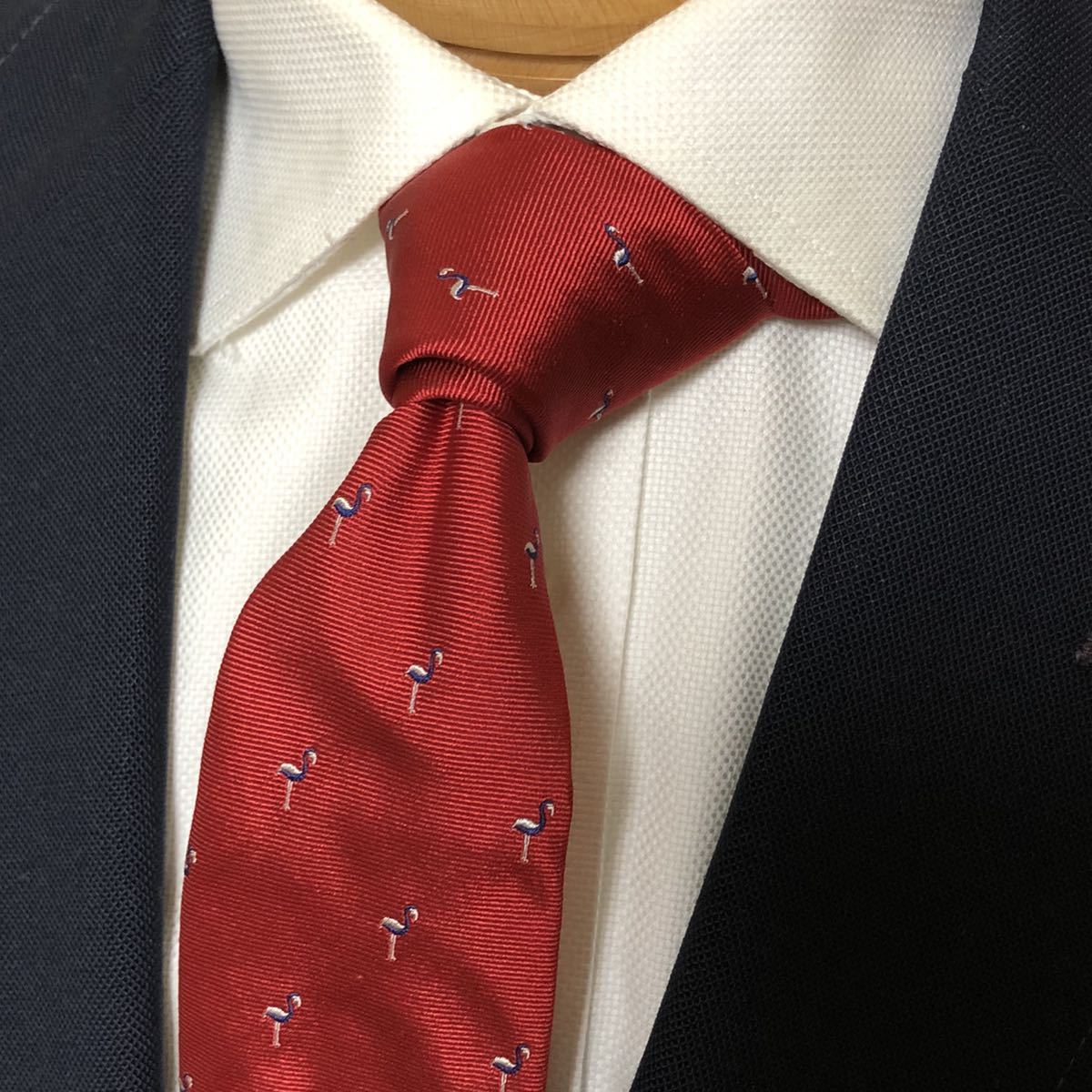 【美品】アルテアALTEA イタリア製高級シルクネクタイ フラミンゴ柄大剣約7.5cm 鮮やかなレッドZOOM映え拍卖