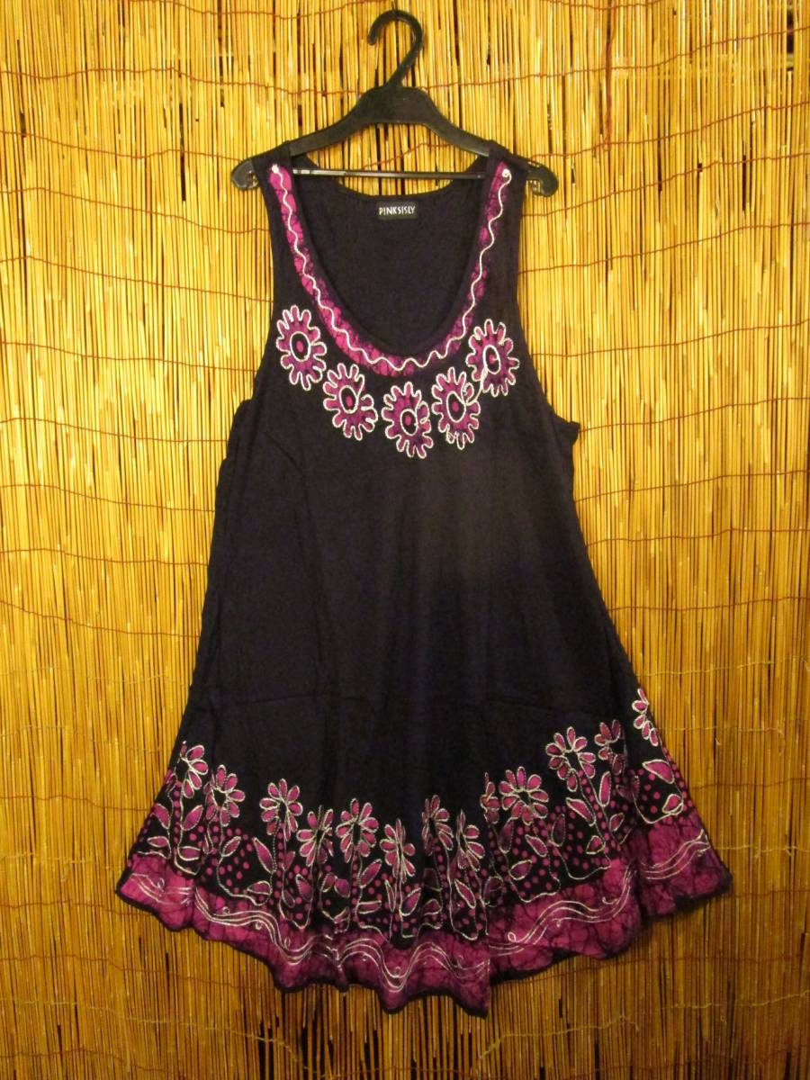 【送料込み/SALE】②新品*インドレーヨン素材*フラワー*チェーンステッチ*ミドルワンピース エスニック アジアン MAJAM拍卖