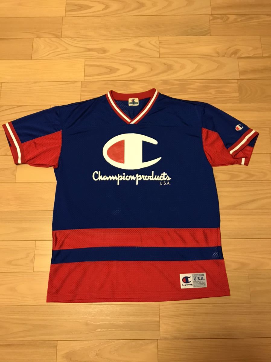 良品☆90s Champion/チャンピオン サイズL 希少.BIGロゴ目付き&全面メッシュ生地 ゲームシャツ・ホッケーTシャツ トリコカラー ビンテージ拍卖