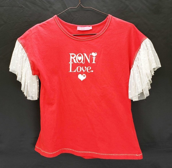 oc0015 △ 中古 ▲ RONI ロニィ Tシャツ 145 赤 レッド 白 ホワイト チュール ロゴ ハート 可愛い お洒落 フリル ギャザー 涼しい 夏 春拍卖