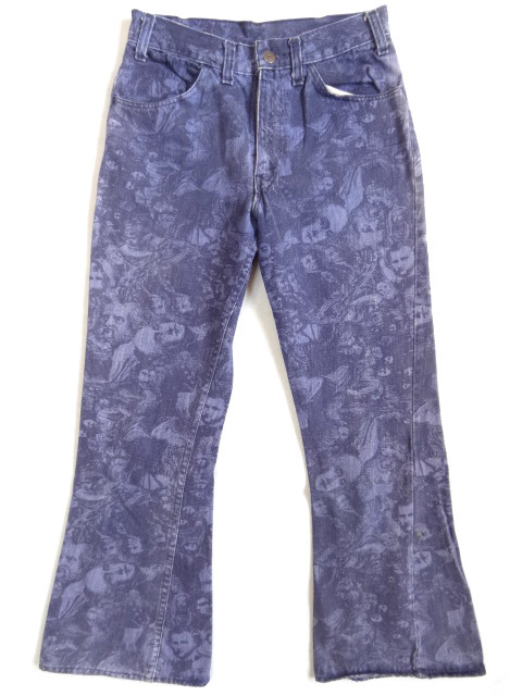 ビンテージ LEVIS リーバイス スペシャル 70S ビッグE 偉人 イラスト プリント 総柄 646 ベルボトム フレア パンツ レア 希少 オレンジ 青拍卖