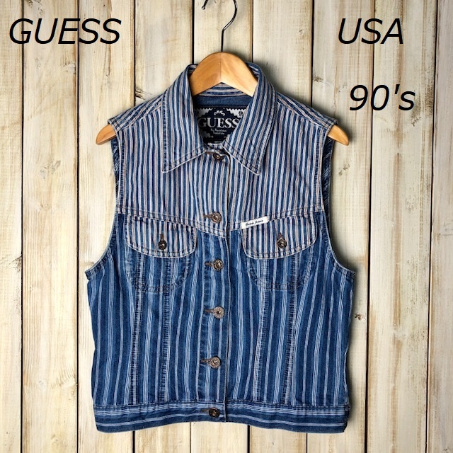 USA古着 90s USA製 オールド GUESS ヒッコリーデニムベスト S~M ゲス ヴィンテージ アメリカ古着 ●30拍卖