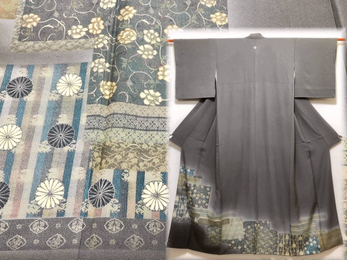 oF14 着物 袷 正絹 色留袖 丹後ちりめん 暈し柴色地 金彩 花唐草 片輪車 色紙文 1つ紋 裄丈63cm 身丈1m70cm拍卖