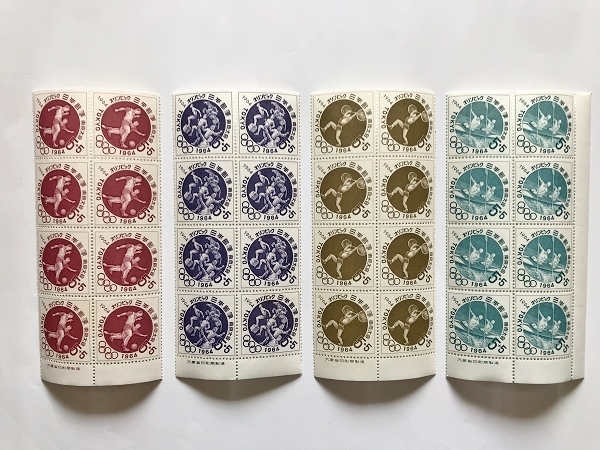 未使用 切手 1964年 東京オリンピック 五輪 4種類セット 5円×32枚 寄付金付/カヌー/ウエイトリフティング/サッカー/馬術/フェンシング/(1)拍卖
