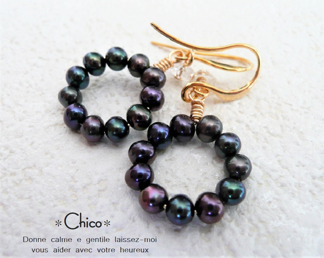 【16KGP】フレンチフック ブラックポテト淡水パール&クリスタル リング ハンドメイドピアス ♪ ★2点以上送料無料!★拍卖