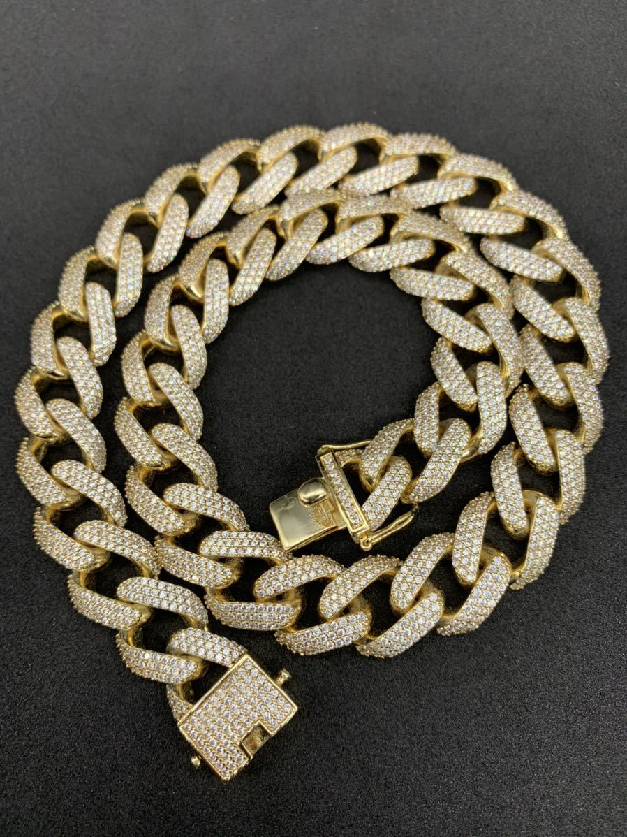 高品質!15㎜幅 パヴェ留 ジルコニア ゴールド ネックレス マイアミチェーン拍卖