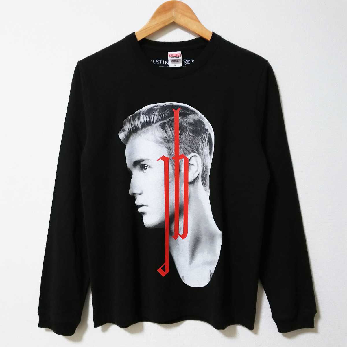 【ポップス・ロック】JUSTIN BIEBER ジャスティンビーバー ビッグプリント 長袖Tシャツ ロンT Sサイズ ブラック拍卖