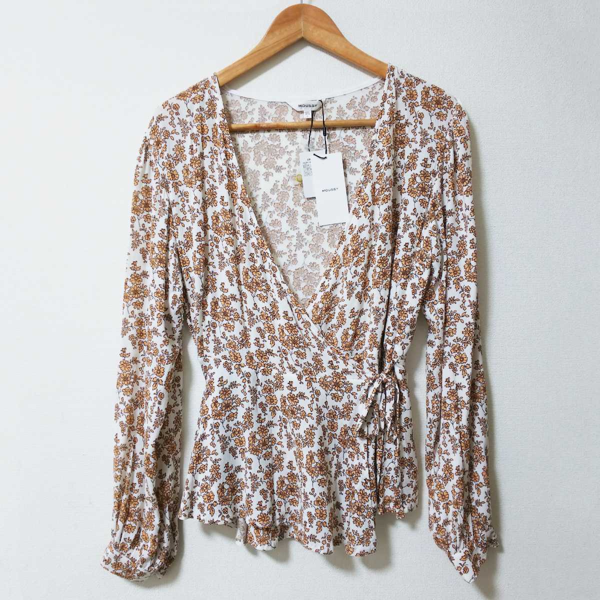 【新品タグ付き】MOUSSY マウジー カシュクール 長袖 ブラウス Fサイズ 小花柄 総柄 レーヨン100% 未使用 自宅保管品拍卖