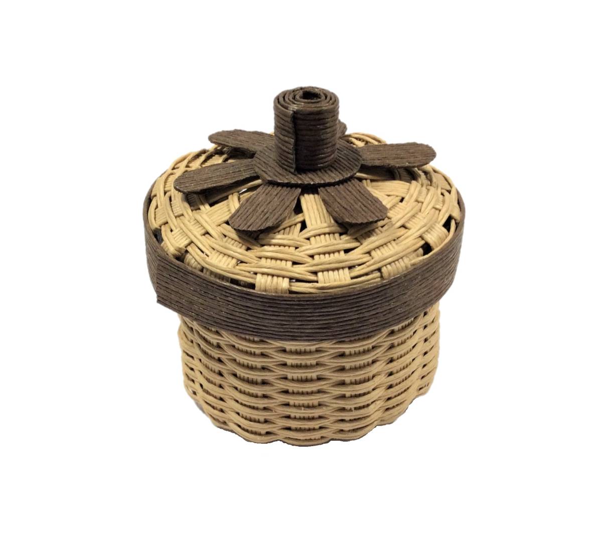 @【即決】◆ハンドメイド◆エコクラフト クラフトバンド 蓋つき小物入れ ふた付きかご 取っ手がかわいい // ブラウン拍卖