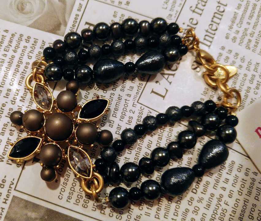 即決☆定価7350円☆コットンパール マットパール ビジューブレスレット♪ ブラック グレー 拍卖