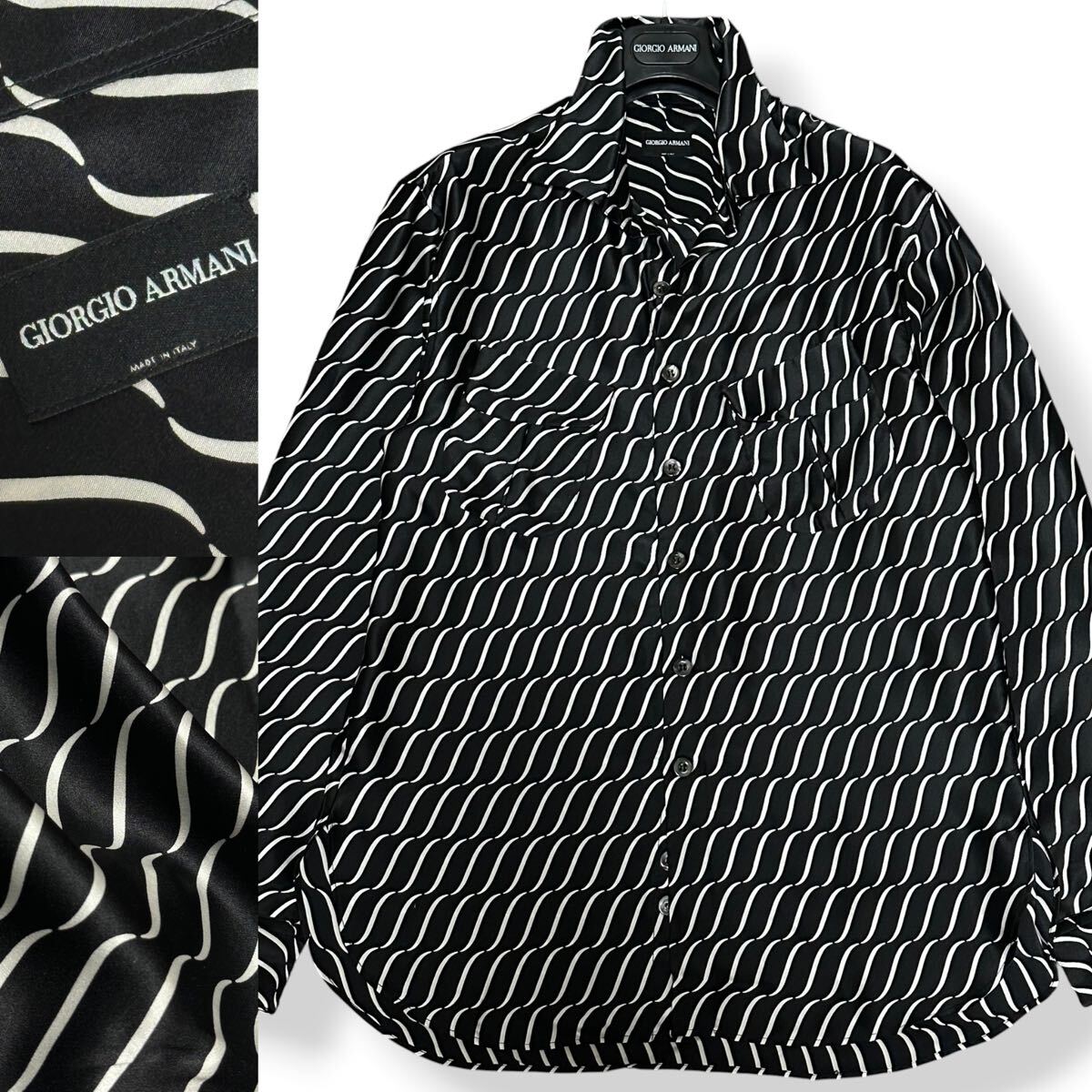 定価30万!!最高峰!! シルク100% ウェーブマイクロストライプ 黒タグ GIORGIO ARMANI ジョルジオアルマーニ ドレスシャツ 長袖シャツ 41 拍卖