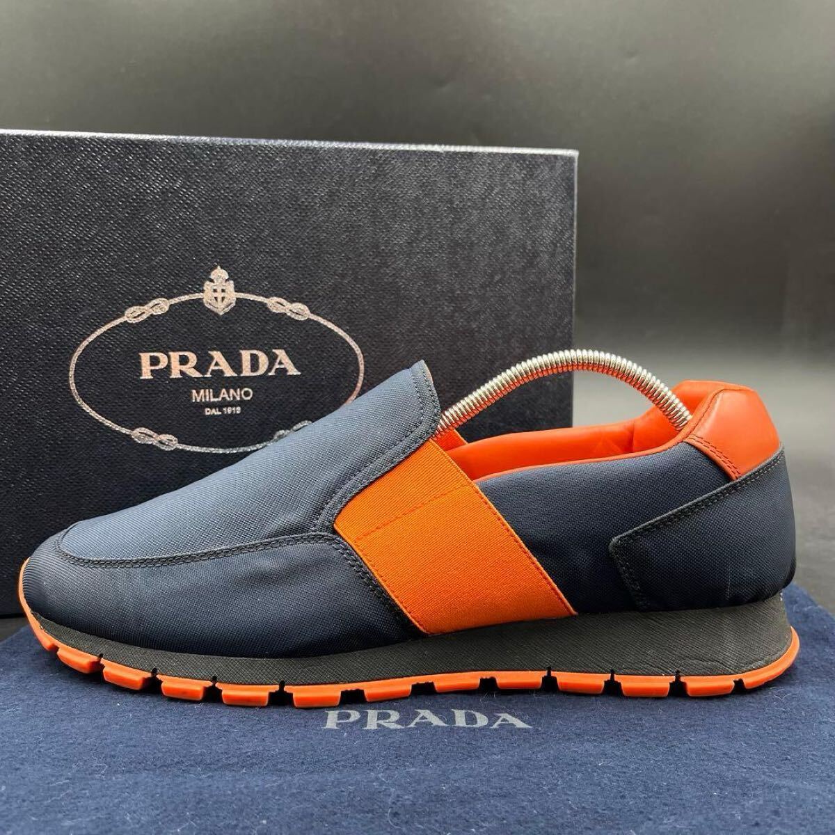 1円 【美品】 PRADA プラダ 【圧倒的存在感】 ネイビー オレンジ ナイロン メンズ スリッポン スニーカー 靴 シューズ 27cm相当拍卖