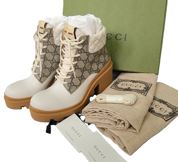 試着のみ GUCCI グッチ GG スプリーム ショートブーツ アンクルブーツ 37 約24.0cm MADE IN ITALY 箱 保存袋 予備紐 シューレース 付属拍卖