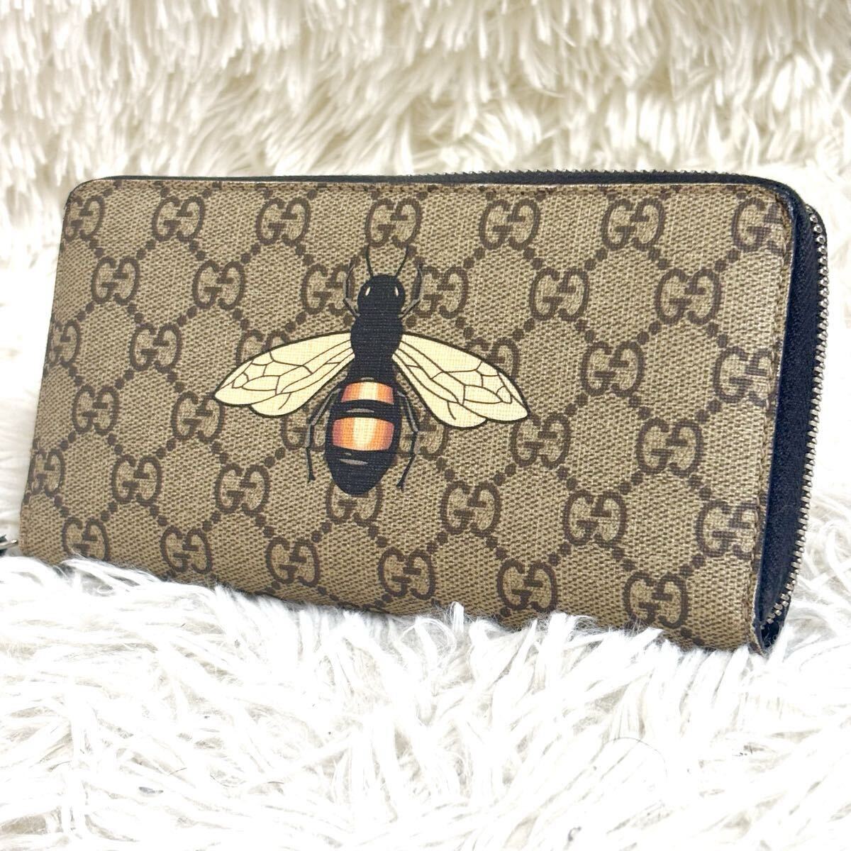 希少グッチ GUCCI 長財布 メンズ ビジネス PVC ラウンドファスナー シマ ビー 蜂 ハチ アニマリエ ggスプリーム レザー 本革 ブラック拍卖
