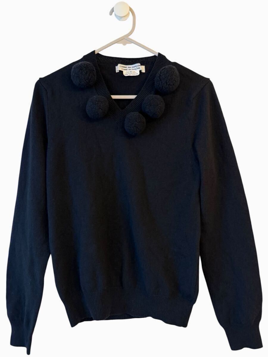 1円 COMME des GARCONS コムデギャルソン ボンボン付き Vネック ニット トップス ブラック ボール セーター 長袖 カシミヤ コムコム拍卖