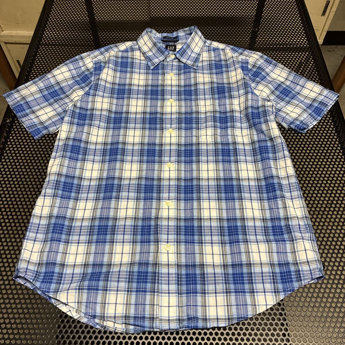 00s OLD GAP 半袖 チェックシャツ M 青 ブルー 紺タグ デカタグ ビンテージ vintage拍卖