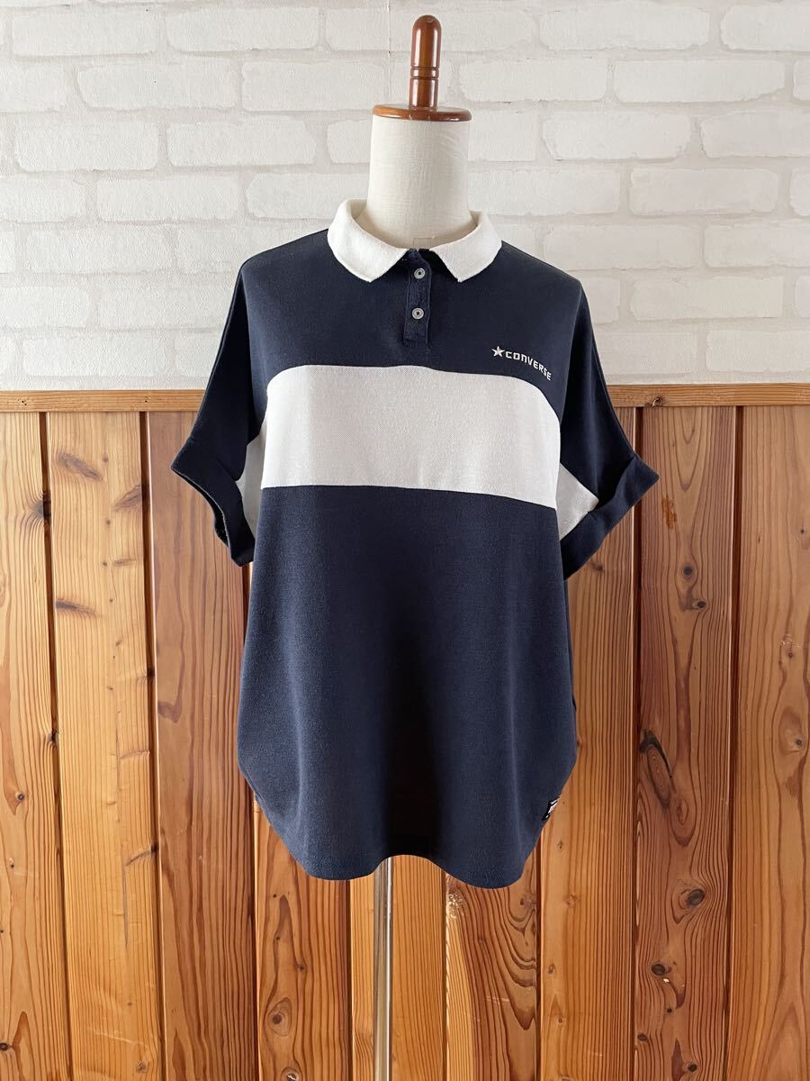 CONVERSE コンバース レディース オーバーサイズ 半袖 ポロシャツ M L XLサイズ 紺 白 ネイビー トップス ドルマン カットソー poloshirt A拍卖